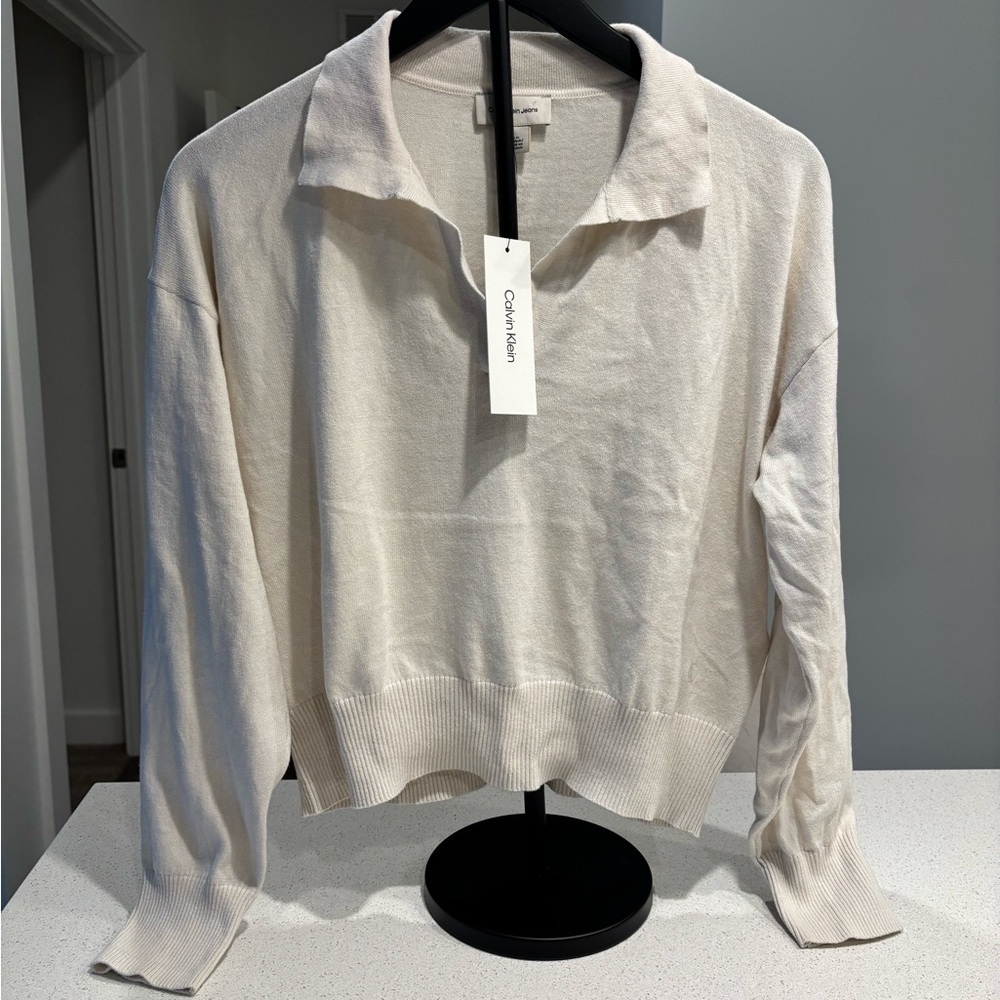 Calvin Klein Off-White Collared Top, Size M, NWT